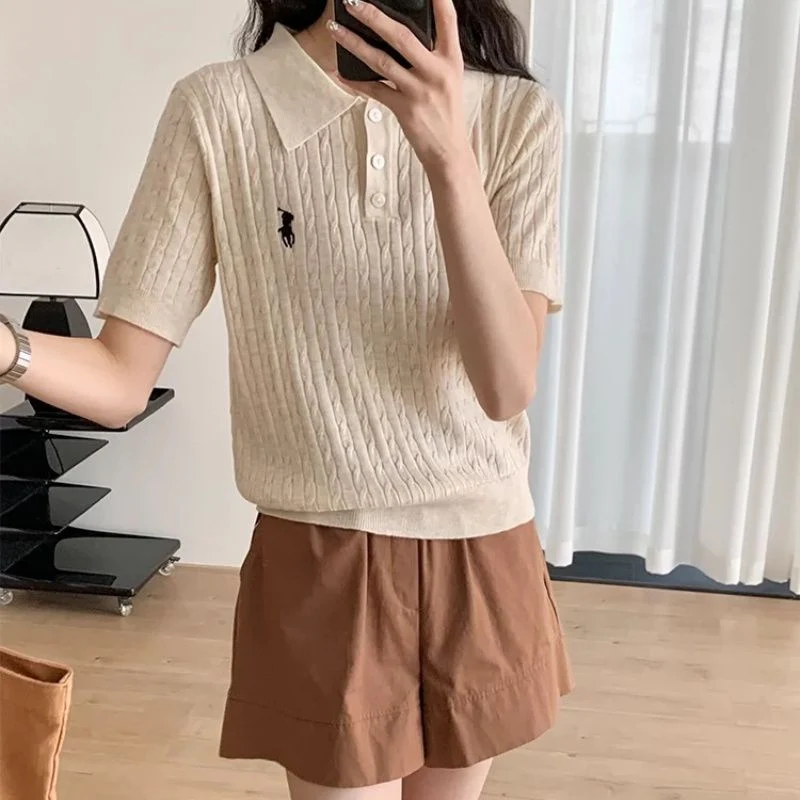 Spring and Summer Polo Neck Knitted Sweater Women's Pony Embroidered Slim Sleeve Short Sleeve T-Shirt Bottom Shirt Vintage Twist Top - Image 8