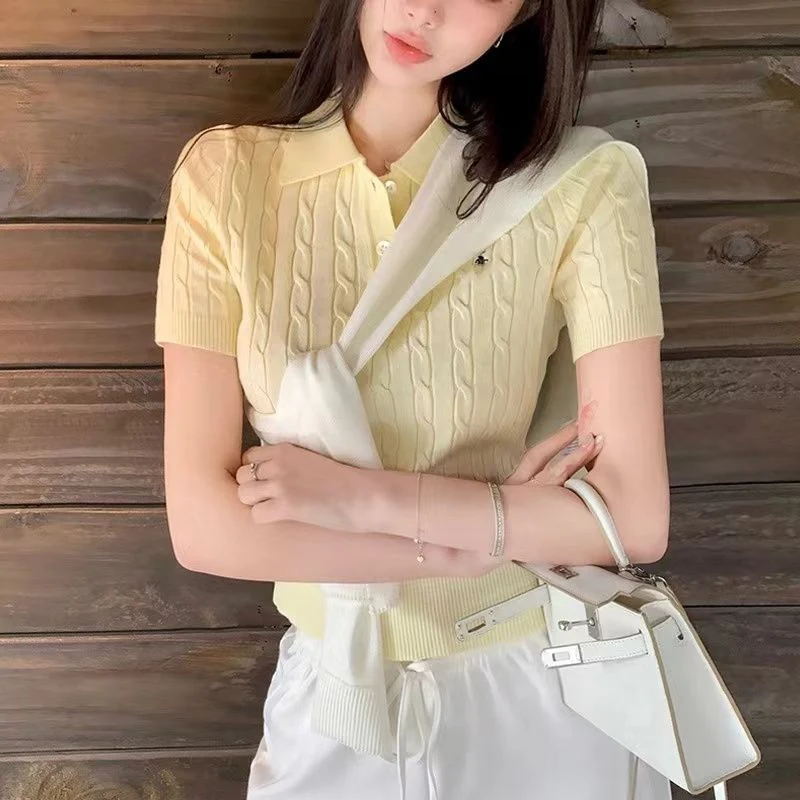 Spring and Summer Polo Neck Knitted Sweater Women's Pony Embroidered Slim Sleeve Short Sleeve T-Shirt Bottom Shirt Vintage Twist Top - Image 9