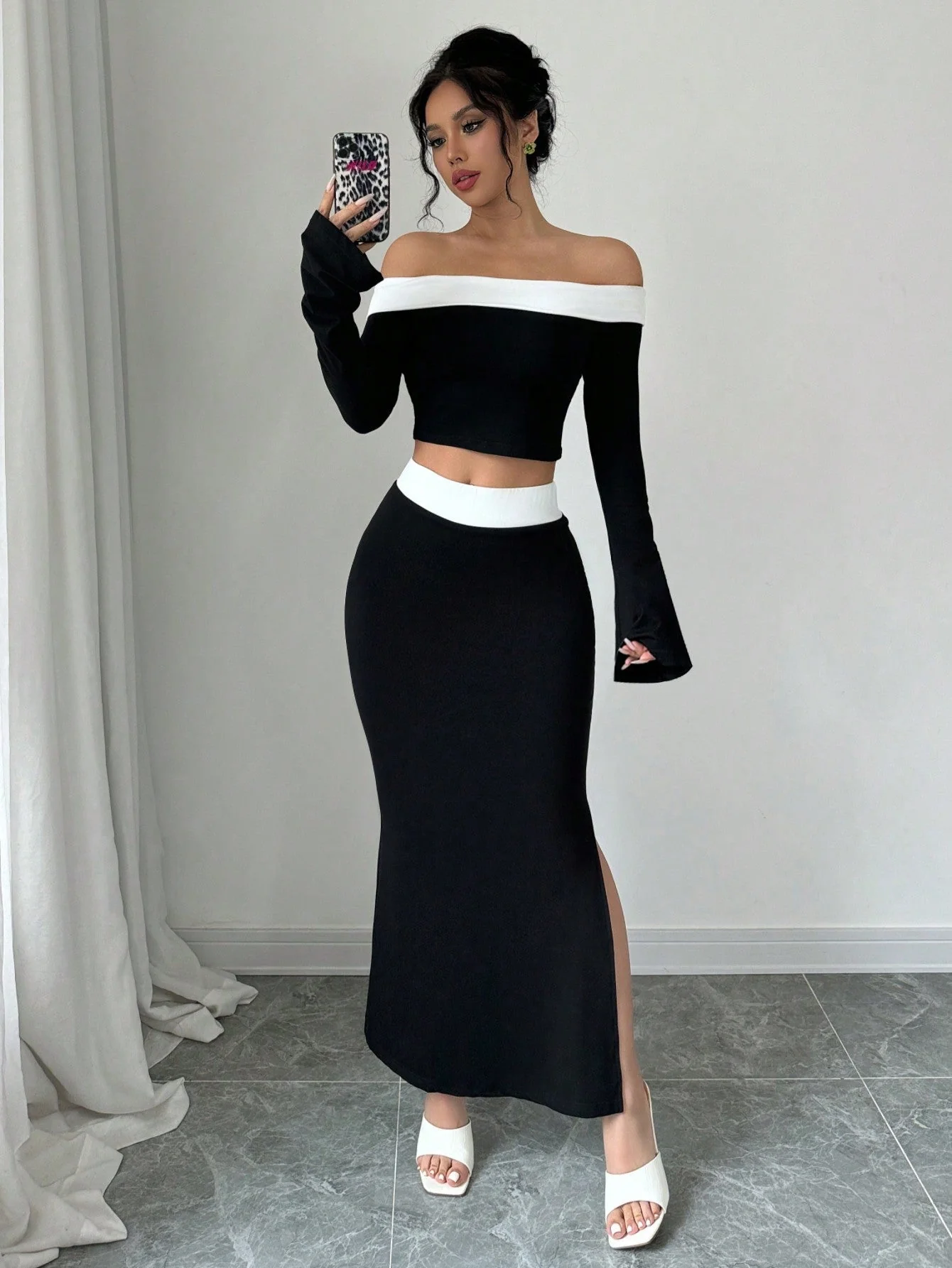 Spring/Summer Elegant Color Block Off Shoulder Cropped T-Shirt + Side Slit Fish Tail Skirt Outfit Set - Image 5