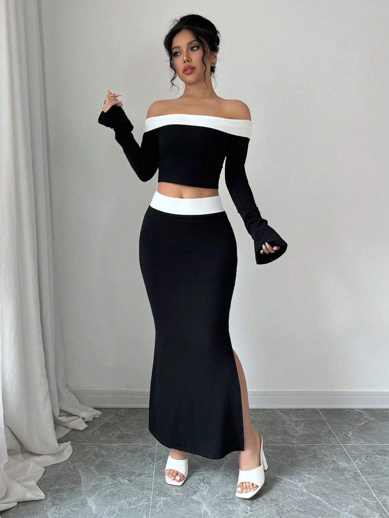Spring/Summer Elegant Color Block Off Shoulder Cropped T-Shirt + Side Slit Fish Tail Skirt Outfit Set - Image 8