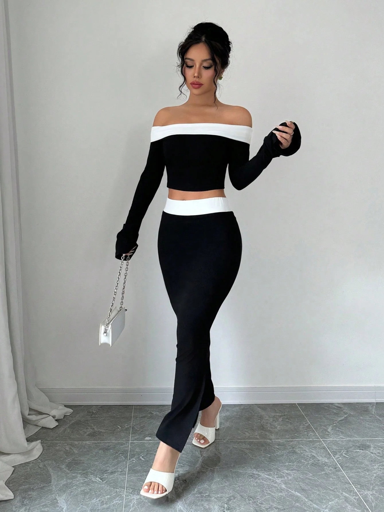 Spring/Summer Elegant Color Block Off Shoulder Cropped T-Shirt + Side Slit Fish Tail Skirt Outfit Set - Image 9
