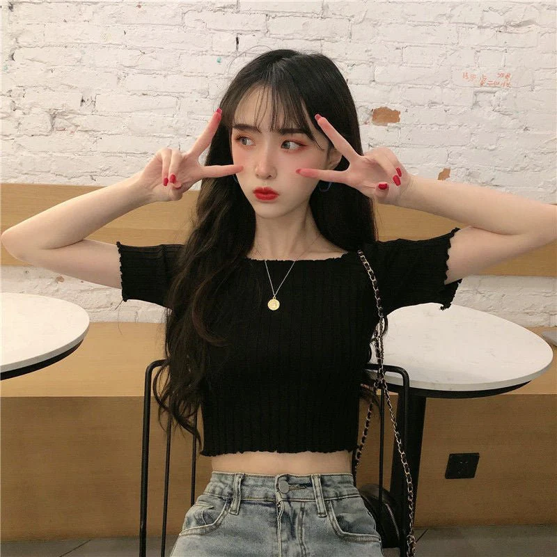 Square collar knitted sweater short-sleeved T-shirt women's 2025 summer new slim fit inner wear one-shoulder bottoming shirt Korean style top - Image 10