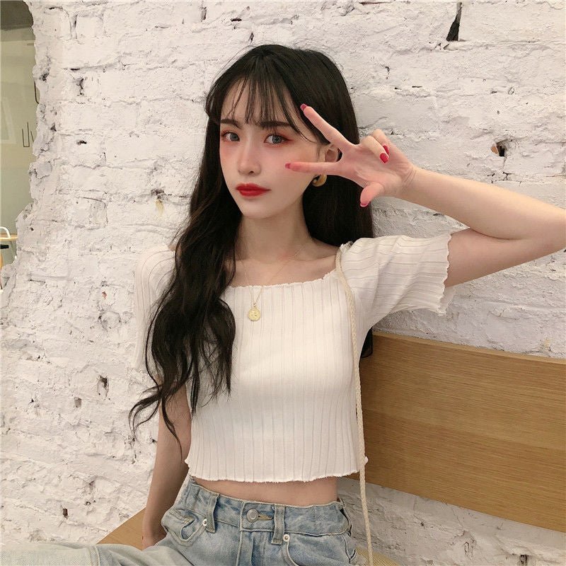 Square collar knitted sweater short-sleeved T-shirt women's 2025 summer new slim fit inner wear one-shoulder bottoming shirt Korean style top - Image 12