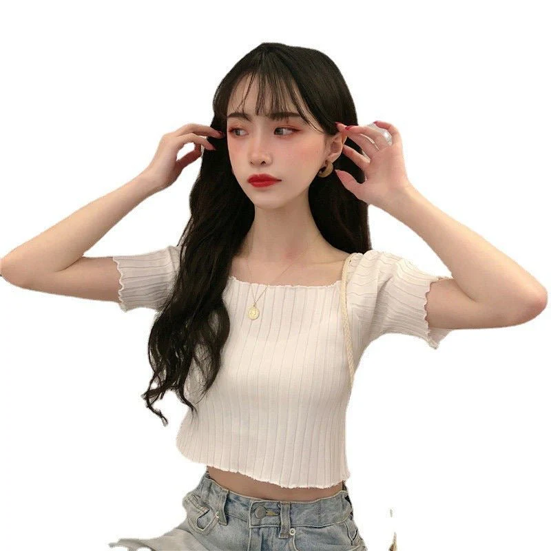 Square collar knitted sweater short-sleeved T-shirt women's 2025 summer new slim fit inner wear one-shoulder bottoming shirt Korean style top - Image 13