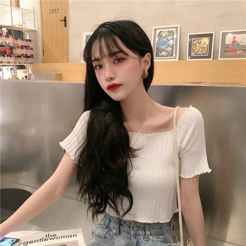 Square collar knitted sweater short-sleeved T-shirt women's 2025 summer new slim fit inner wear one-shoulder bottoming shirt Korean style top - Image 15