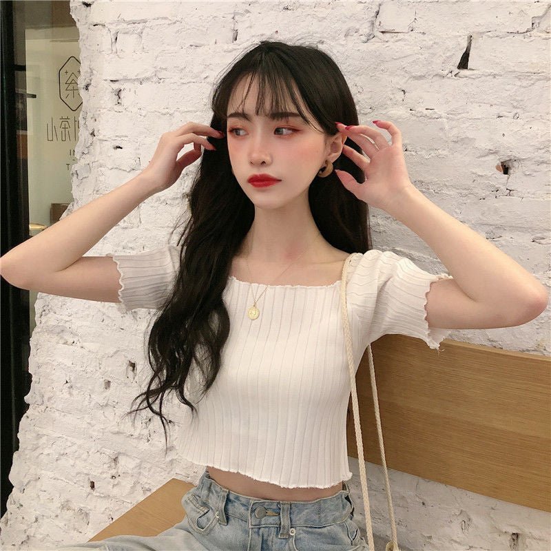 Square collar knitted sweater short-sleeved T-shirt women's 2025 summer new slim fit inner wear one-shoulder bottoming shirt Korean style top - Image 16