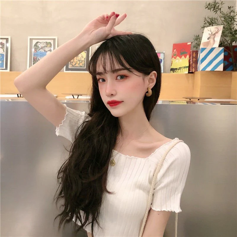 Square collar knitted sweater short-sleeved T-shirt women's 2025 summer new slim fit inner wear one-shoulder bottoming shirt Korean style top - Image 17