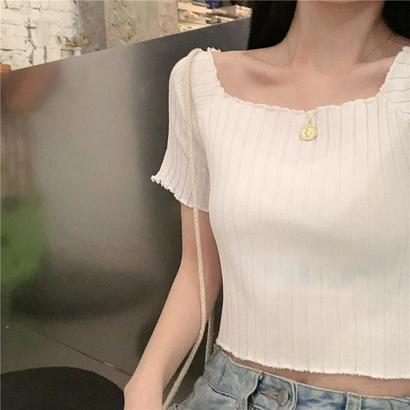 Square collar knitted sweater short-sleeved T-shirt women's 2025 summer new slim fit inner wear one-shoulder bottoming shirt Korean style top - Image 18