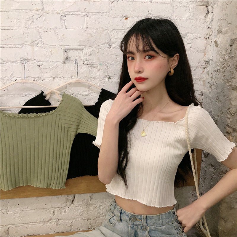 Square collar knitted sweater short-sleeved T-shirt women's 2025 summer new slim fit inner wear one-shoulder bottoming shirt Korean style top - Image 19