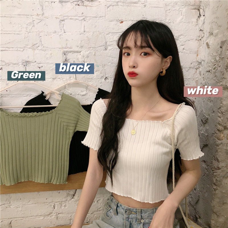 Square collar knitted sweater short-sleeved T-shirt women's 2025 summer new slim fit inner wear one-shoulder bottoming shirt Korean style top - Image 20