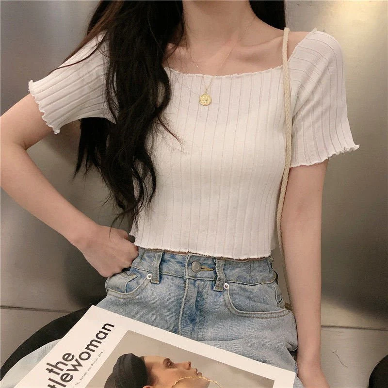 Square collar knitted sweater short-sleeved T-shirt women's 2025 summer new slim fit inner wear one-shoulder bottoming shirt Korean style top - Image 21