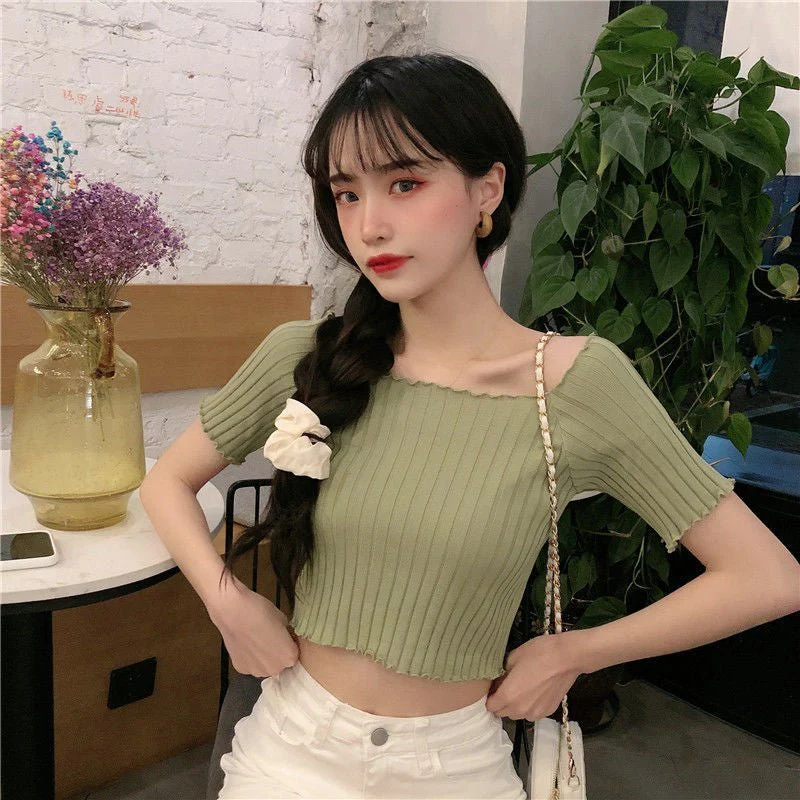 Square collar knitted sweater short-sleeved T-shirt women's 2025 summer new slim fit inner wear one-shoulder bottoming shirt Korean style top - Image 22