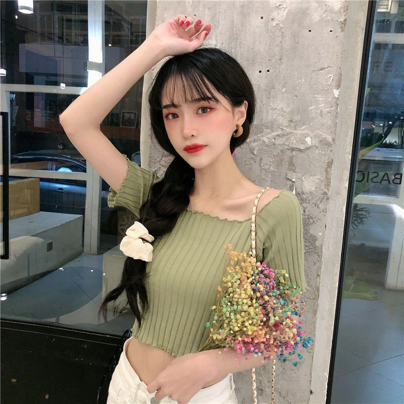 Square collar knitted sweater short-sleeved T-shirt women's 2025 summer new slim fit inner wear one-shoulder bottoming shirt Korean style top - Image 23