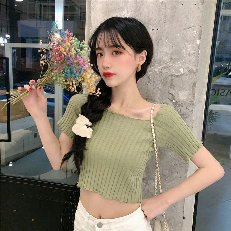 Square collar knitted sweater short-sleeved T-shirt women's 2025 summer new slim fit inner wear one-shoulder bottoming shirt Korean style top - Image 24