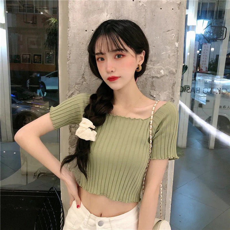 Square collar knitted sweater short-sleeved T-shirt women's 2025 summer new slim fit inner wear one-shoulder bottoming shirt Korean style top - Image 25