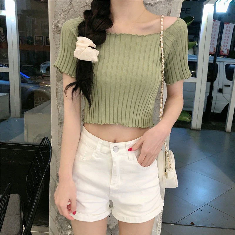 Square collar knitted sweater short-sleeved T-shirt women's 2025 summer new slim fit inner wear one-shoulder bottoming shirt Korean style top - Image 26