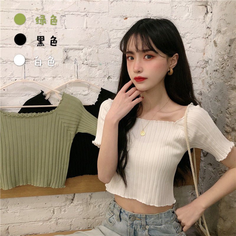 Square collar knitted sweater short-sleeved T-shirt women's 2025 summer new slim fit inner wear one-shoulder bottoming shirt Korean style top - Image 27