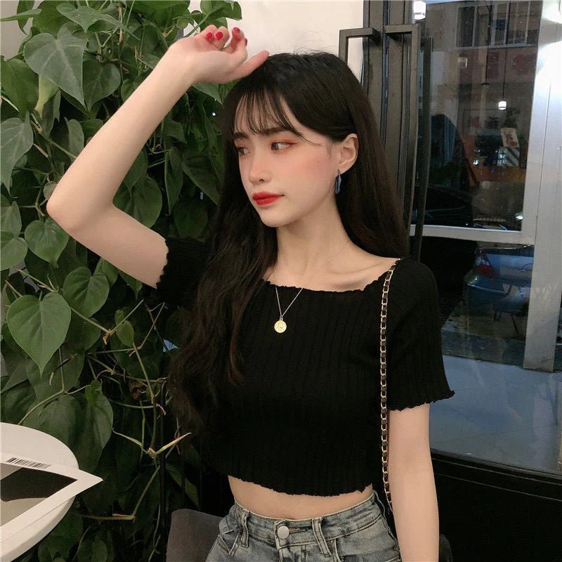 Square collar knitted sweater short-sleeved T-shirt women's 2025 summer new slim fit inner wear one-shoulder bottoming shirt Korean style top - Image 28