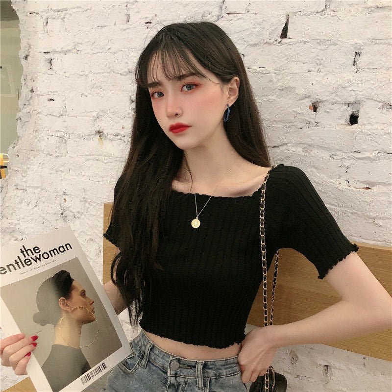 Square collar knitted sweater short-sleeved T-shirt women's 2025 summer new slim fit inner wear one-shoulder bottoming shirt Korean style top - Image 29