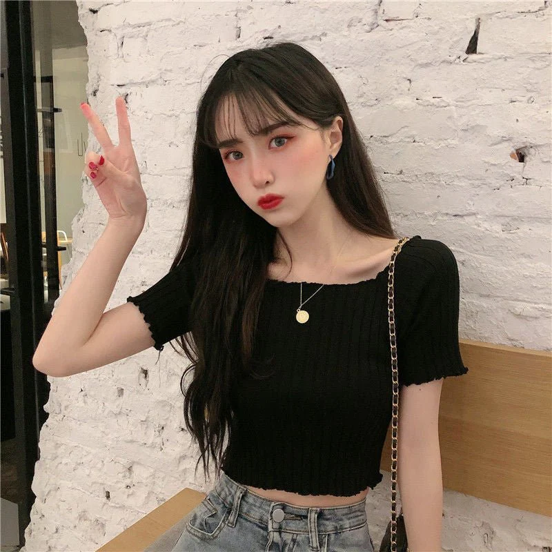 Square collar knitted sweater short-sleeved T-shirt women's 2025 summer new slim fit inner wear one-shoulder bottoming shirt Korean style top - Image 30