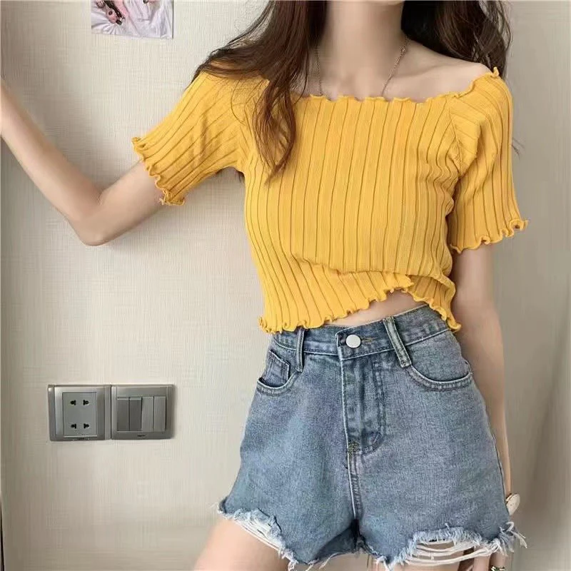 Square collar knitted sweater short-sleeved T-shirt women's 2025 summer new slim fit inner wear one-shoulder bottoming shirt Korean style top - Image 33