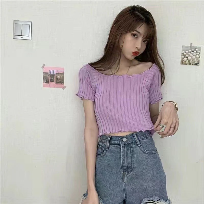 Square collar knitted sweater short-sleeved T-shirt women's 2025 summer new slim fit inner wear one-shoulder bottoming shirt Korean style top - Image 34