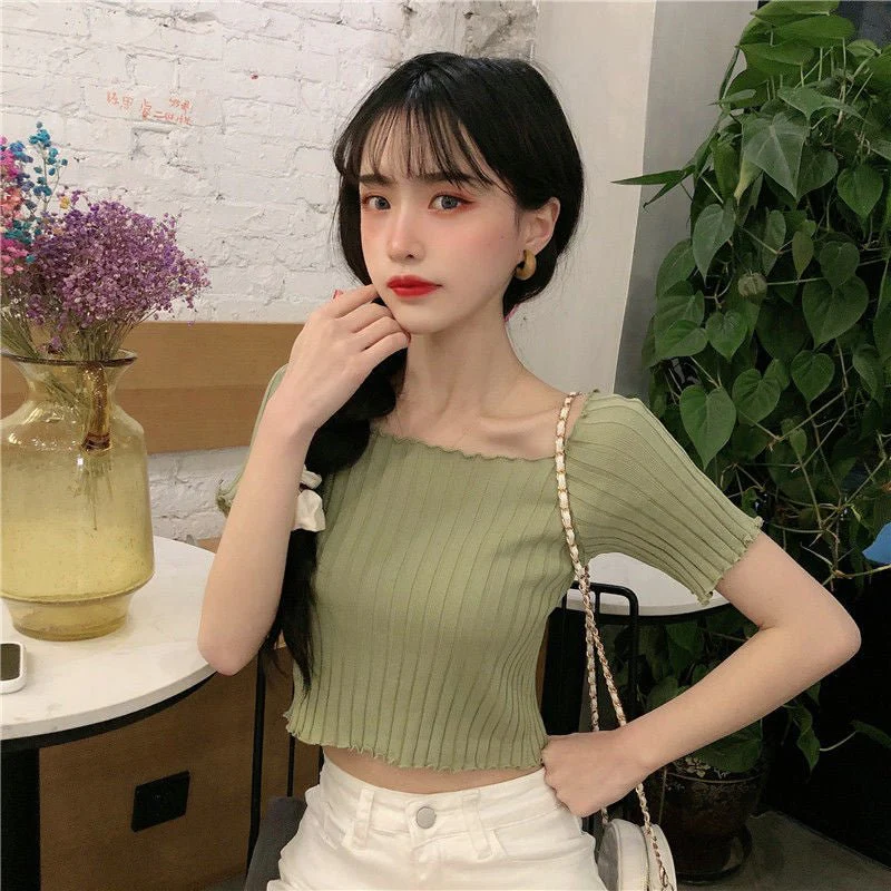 Square collar knitted sweater short-sleeved T-shirt women's 2025 summer new slim fit inner wear one-shoulder bottoming shirt Korean style top - Image 5