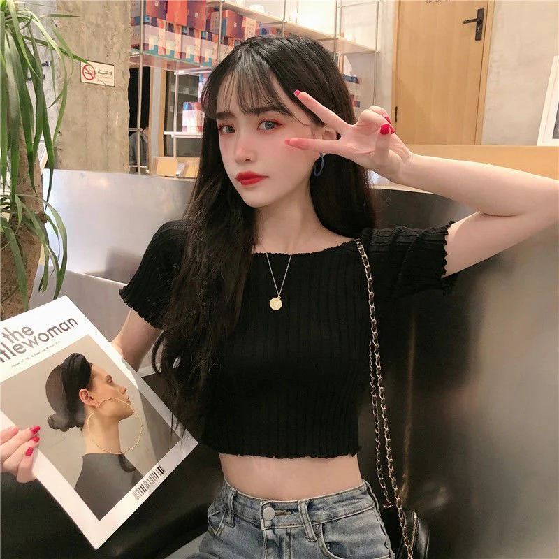 Square collar knitted sweater short-sleeved T-shirt women's 2025 summer new slim fit inner wear one-shoulder bottoming shirt Korean style top - Image 6