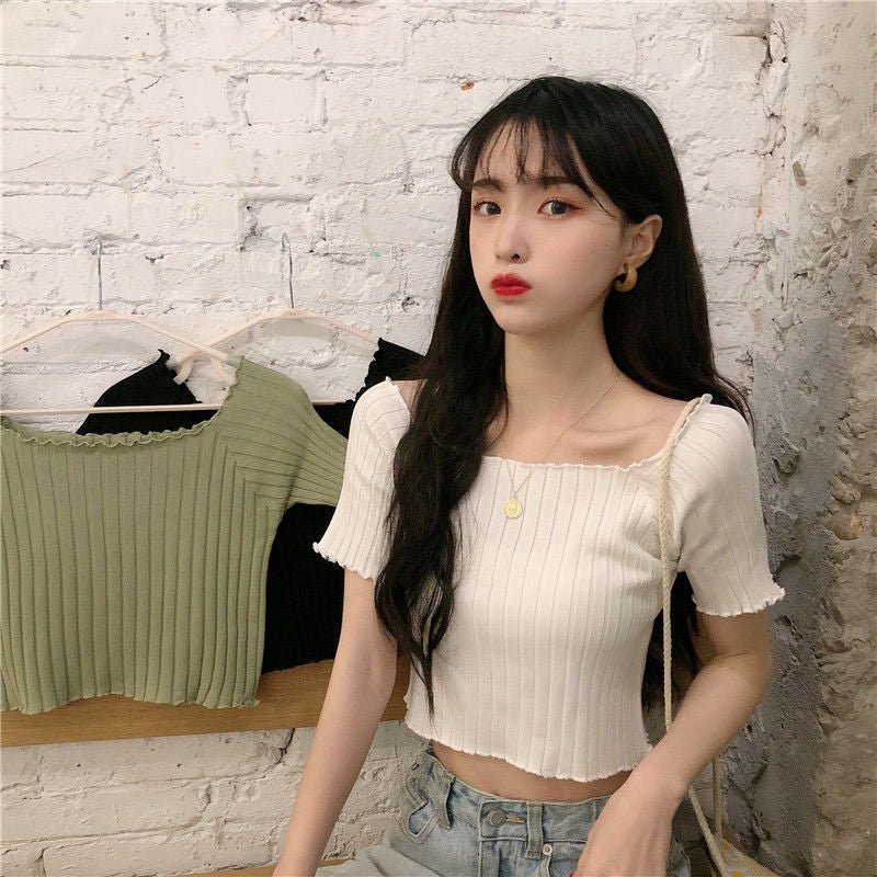 Square collar knitted sweater short-sleeved T-shirt women's 2025 summer new slim fit inner wear one-shoulder bottoming shirt Korean style top - Image 9
