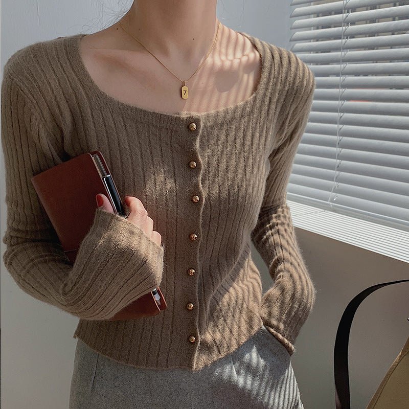 Square collar slim fit knitted cardigan FD - Image 2