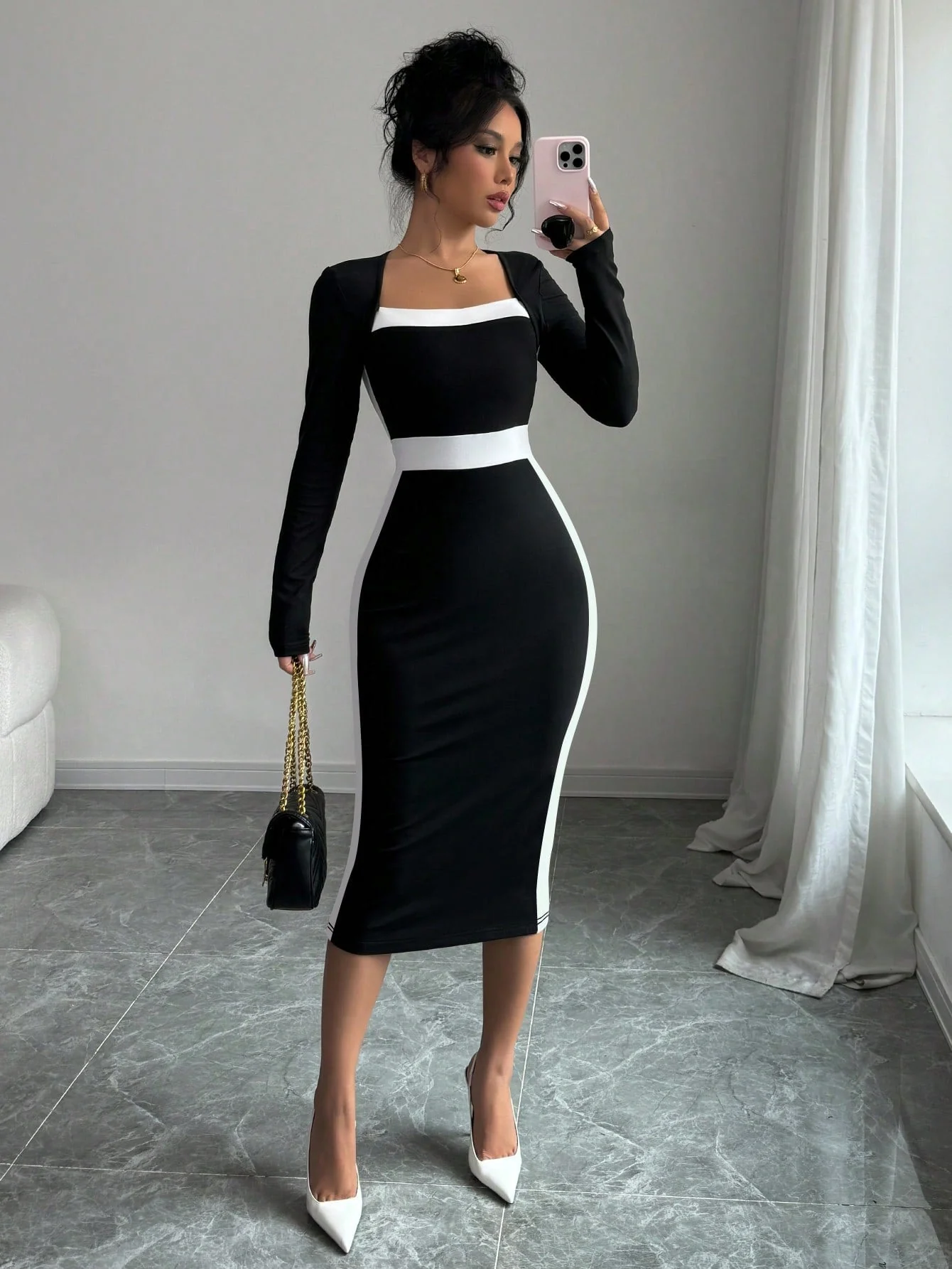 Square Neck Color Block Figure Hugging Sxy Women Dress Maxi Women Outfit