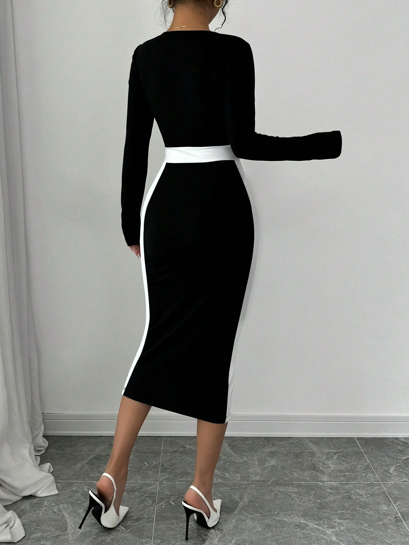 Square Neck Color Block Figure Hugging Sxy Women Dress Maxi Women Outfit - Image 3