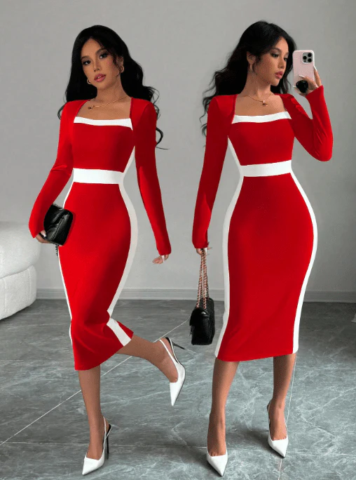 Square Neck Color Block Figure Hugging Sxy Women Dress Maxi Women Outfit - Image 8