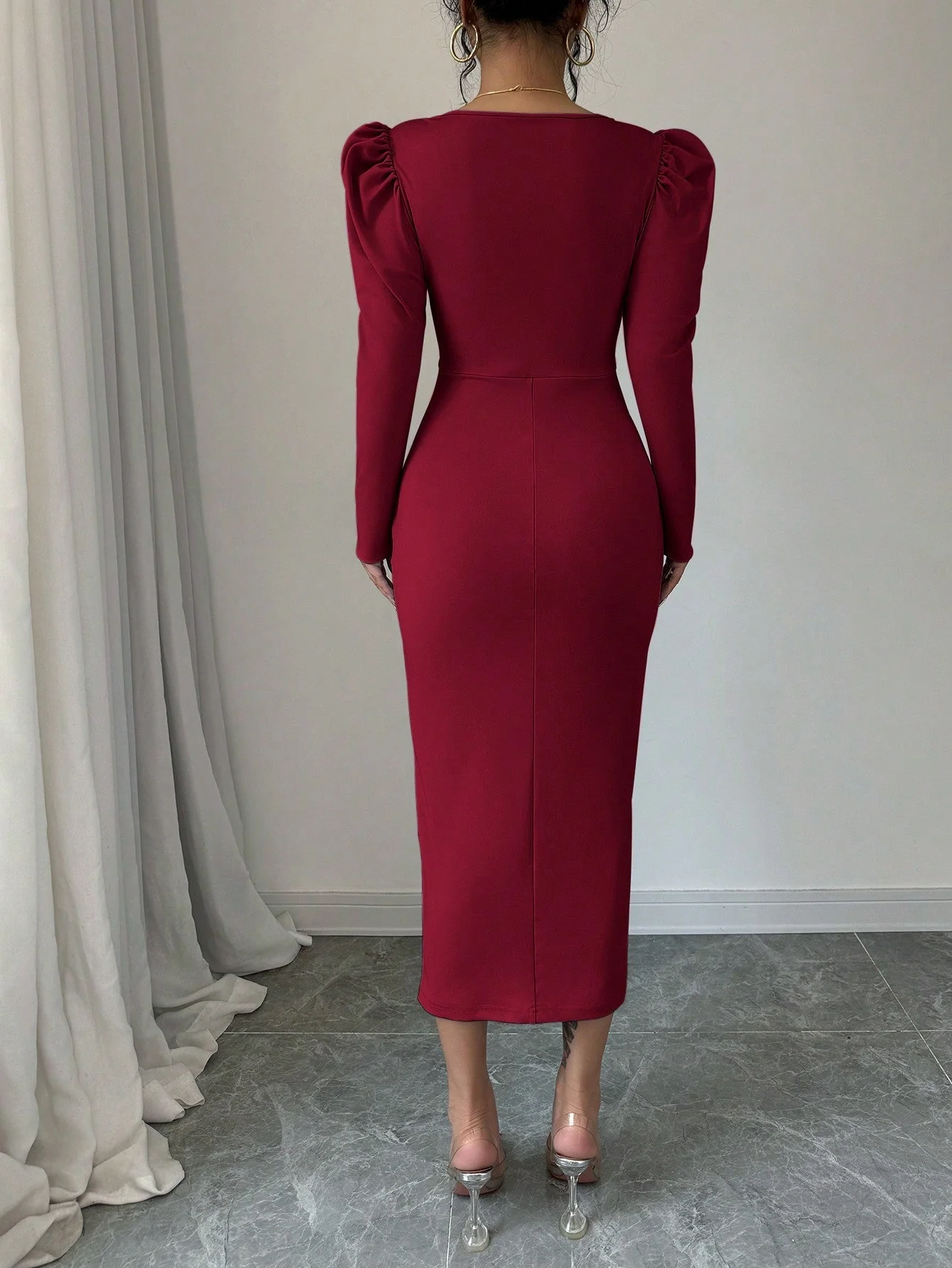 Square Neckline Puff Sleeve, Center Front Pleated, Waist Cinched Elegant Dress For Women Burgundy Maxi Women Outfit - Image 6