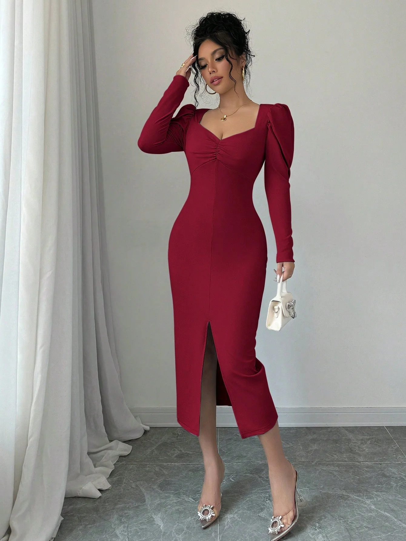 Square Neckline Puff Sleeve, Center Front Pleated, Waist Cinched Elegant Dress For Women Burgundy Maxi Women Outfit - Image 8