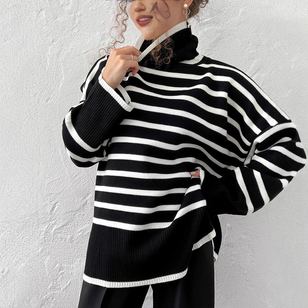 Striped High-Neck Pullover Sweater for Women | Loose Fit Korean Style Knitwear | Thick Viscose Blend Casual Top | Lazy Wind Fashion 2025 (FD)