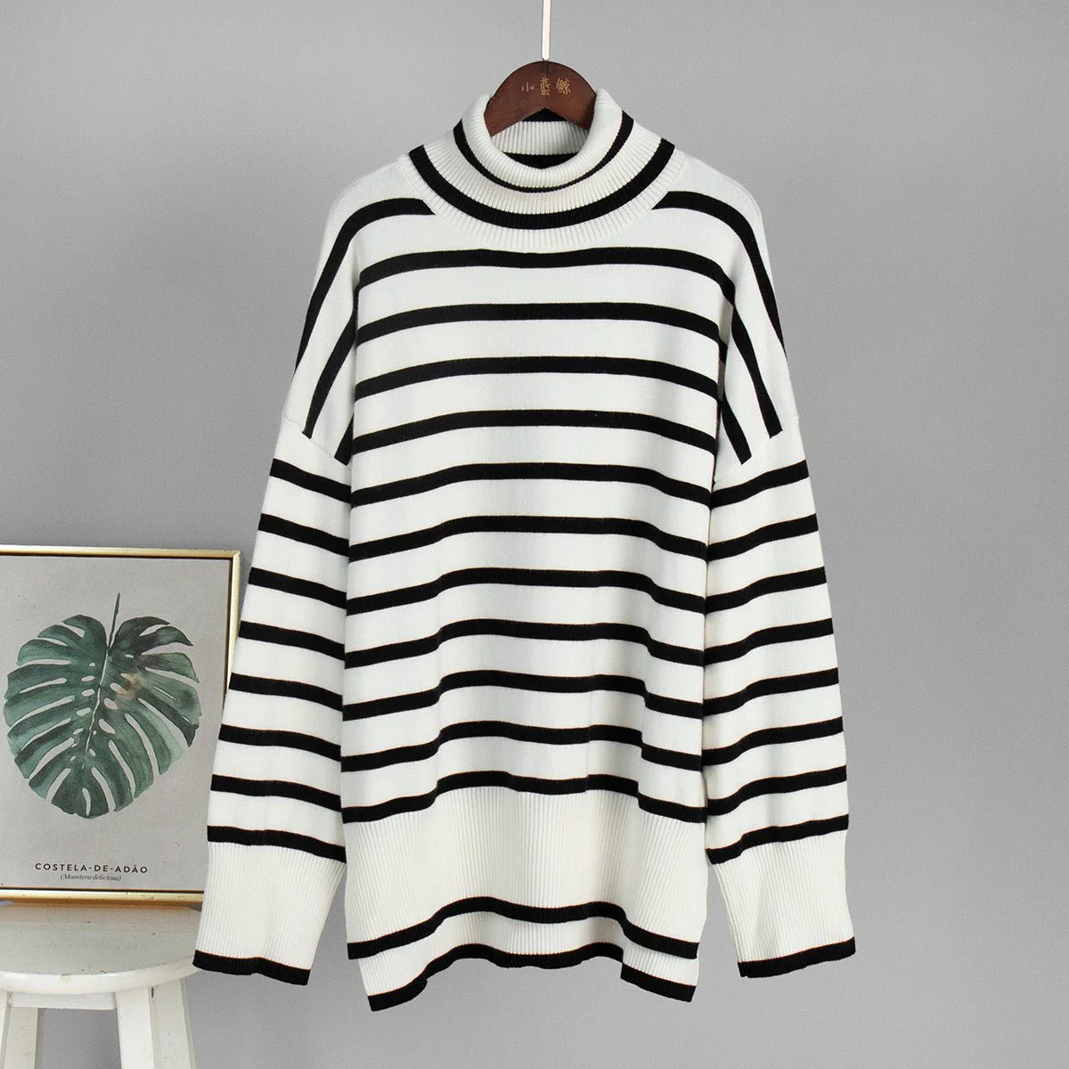 Striped High-Neck Pullover Sweater for Women | Loose Fit Korean Style Knitwear | Thick Viscose Blend Casual Top | Lazy Wind Fashion 2025 (FD) - Image 6