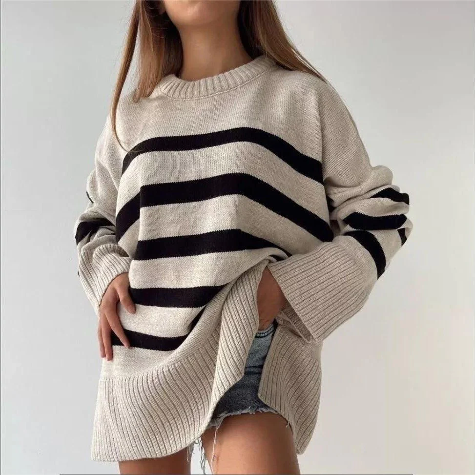 Striped round neck sweater loose design niche knitted sweater FD - Image 5