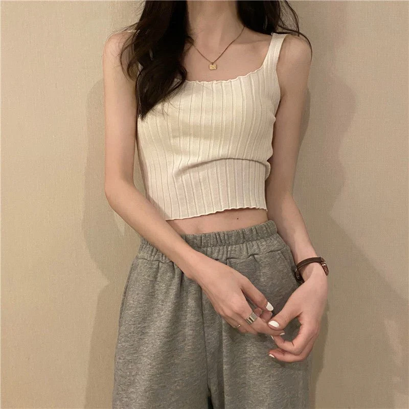 Summer 2025 new Korean version of the petite versatile curled navel-baring short tops outer wear knitted camisole vest for women - Image 17