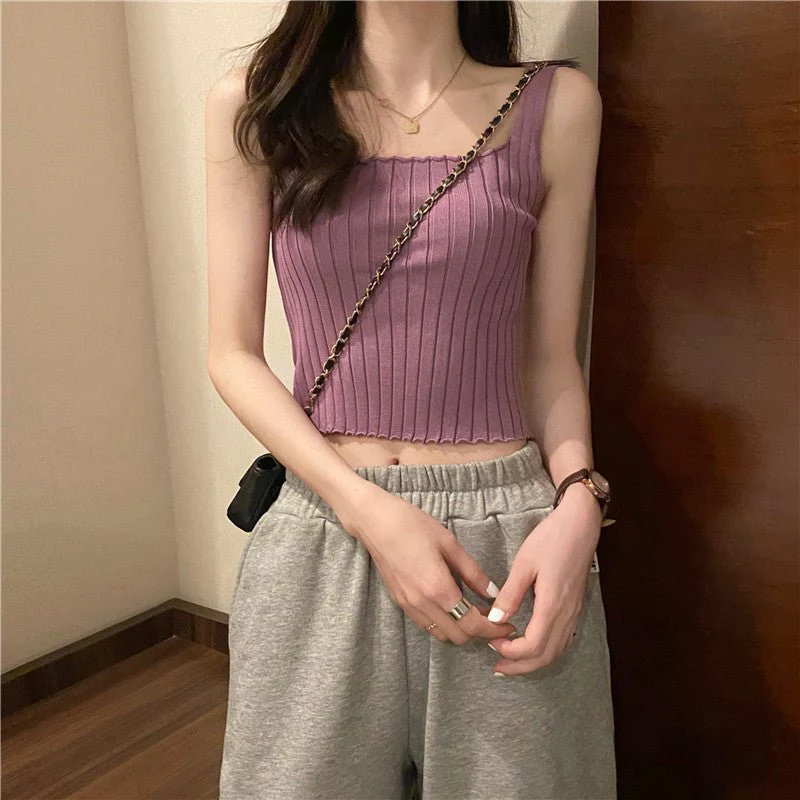 Summer 2025 new Korean version of the petite versatile curled navel-baring short tops outer wear knitted camisole vest for women - Image 2