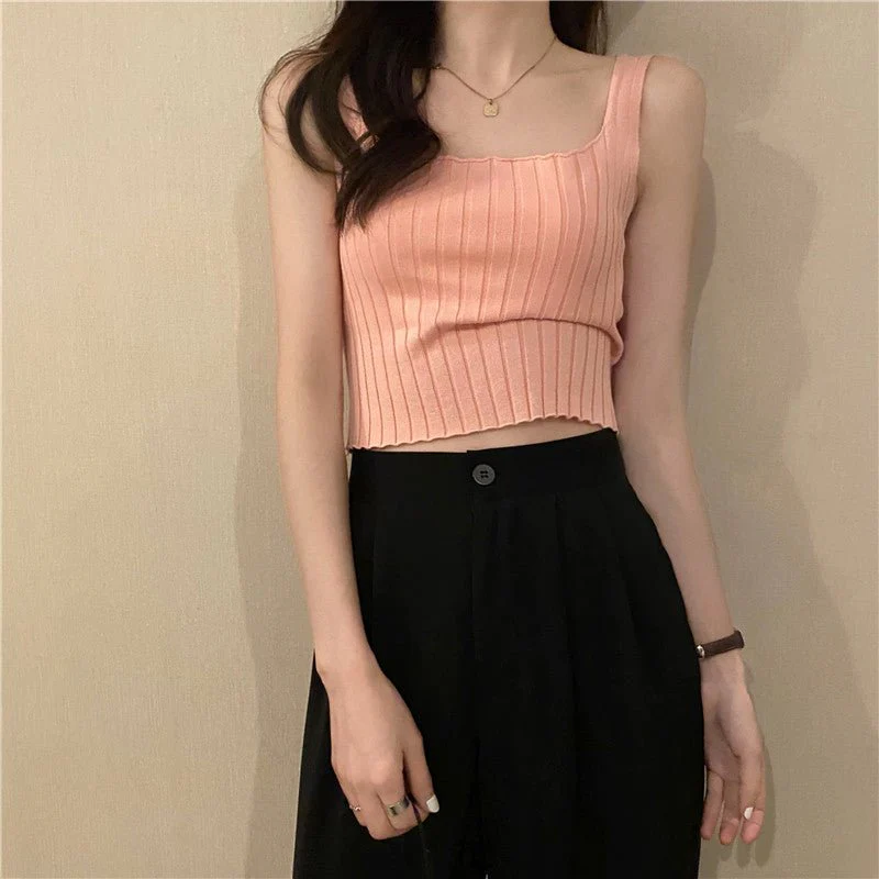 Summer 2025 new Korean version of the petite versatile curled navel-baring short tops outer wear knitted camisole vest for women - Image 3