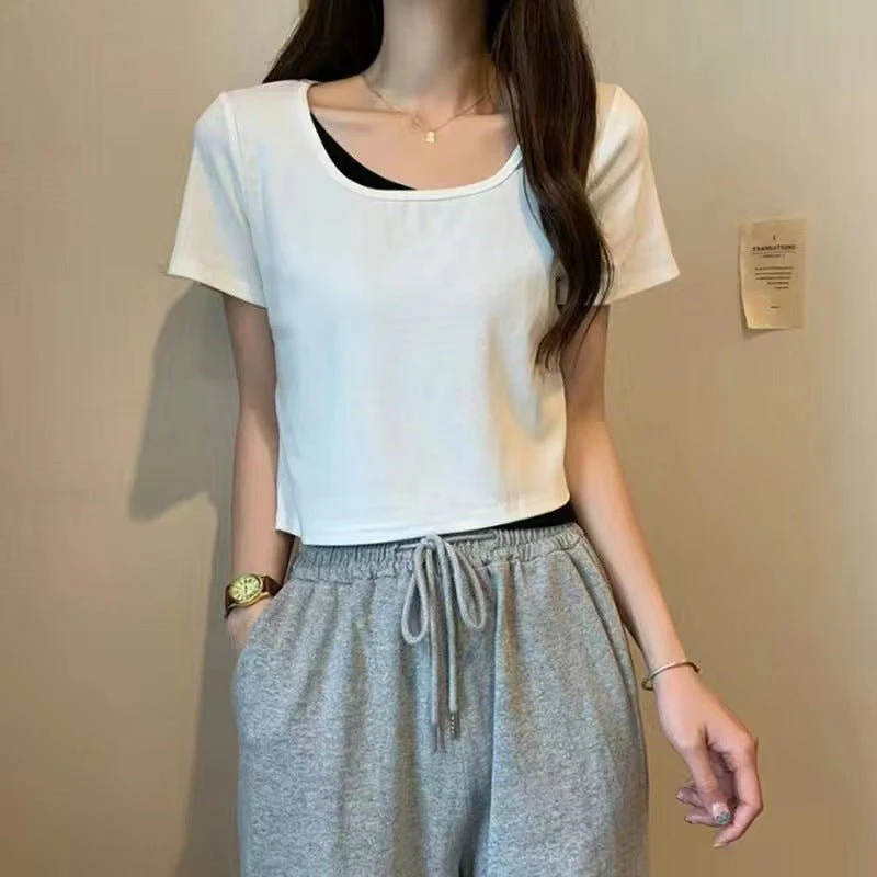 Summer 2025 new thin short fake two-piece design slim-fitting sexy short-sleeved top women's inst-shirt bottoming shirt