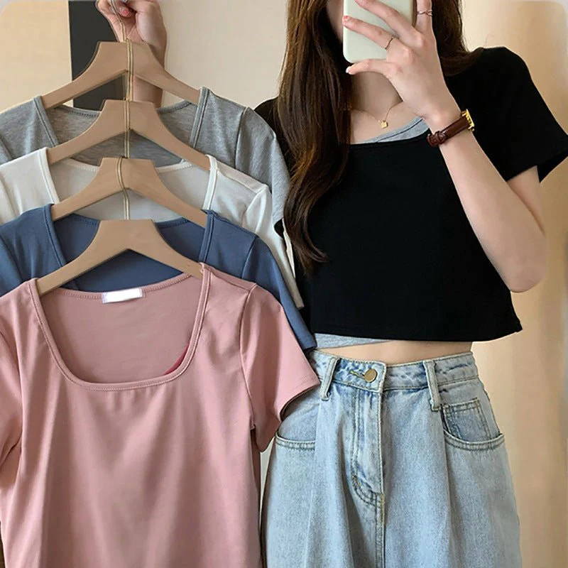 Summer 2025 new thin short fake two-piece design slim-fitting sexy short-sleeved top women's inst-shirt bottoming shirt - Image 2