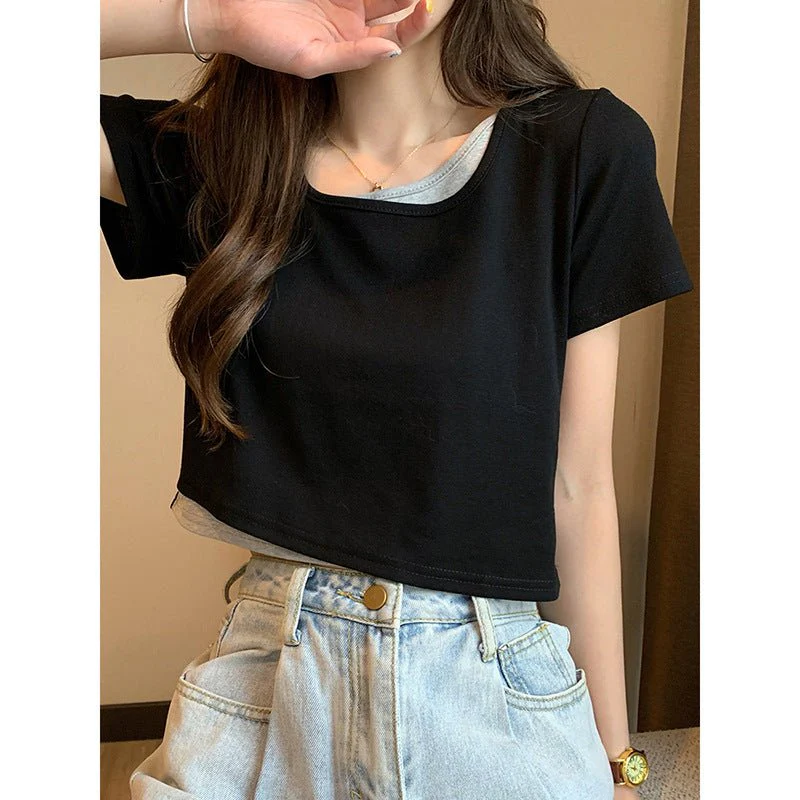 Summer 2025 new thin short fake two-piece design slim-fitting sexy short-sleeved top women's inst-shirt bottoming shirt - Image 3