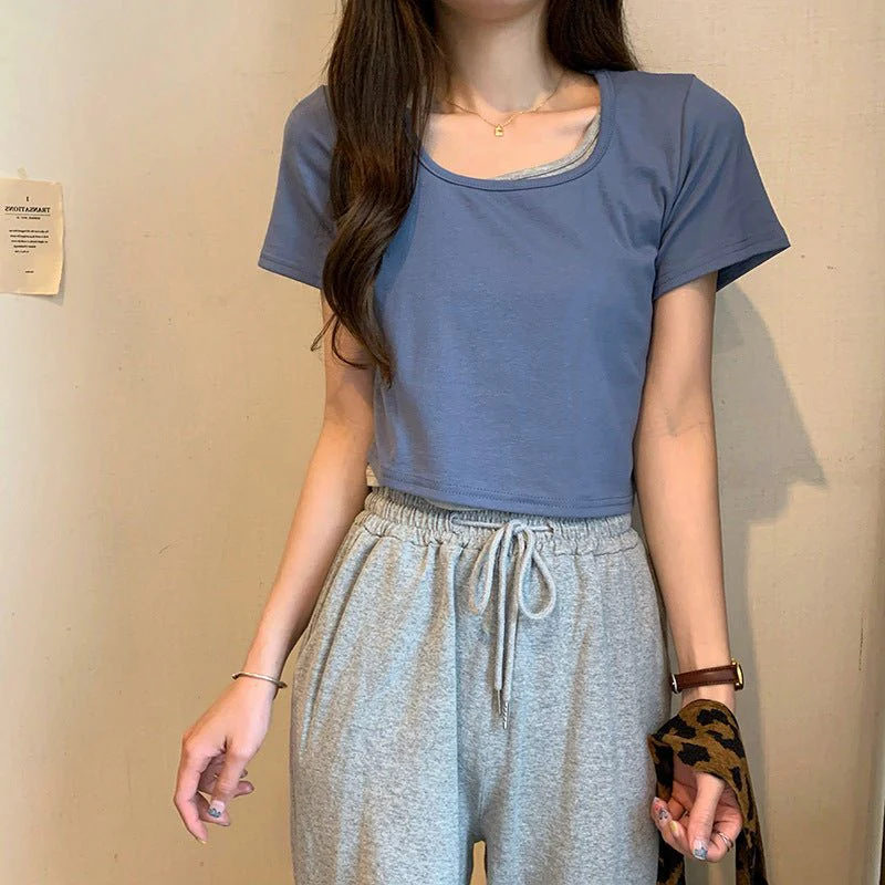 Summer 2025 new thin short fake two-piece design slim-fitting sexy short-sleeved top women's inst-shirt bottoming shirt - Image 4