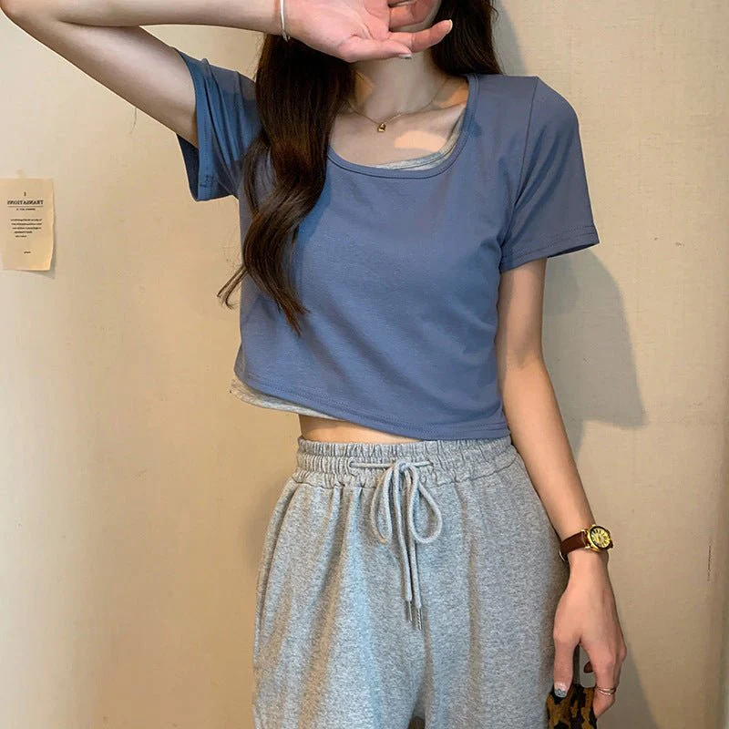 Summer 2025 new thin short fake two-piece design slim-fitting sexy short-sleeved top women's inst-shirt bottoming shirt - Image 5