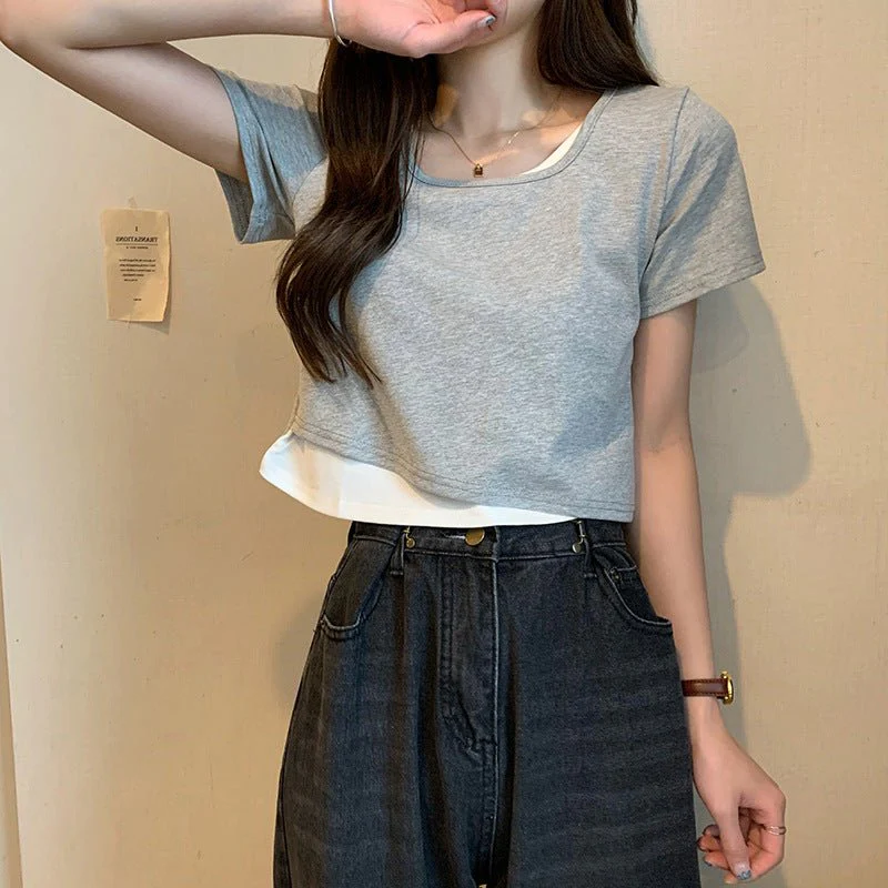 Summer 2025 new thin short fake two-piece design slim-fitting sexy short-sleeved top women's inst-shirt bottoming shirt - Image 7