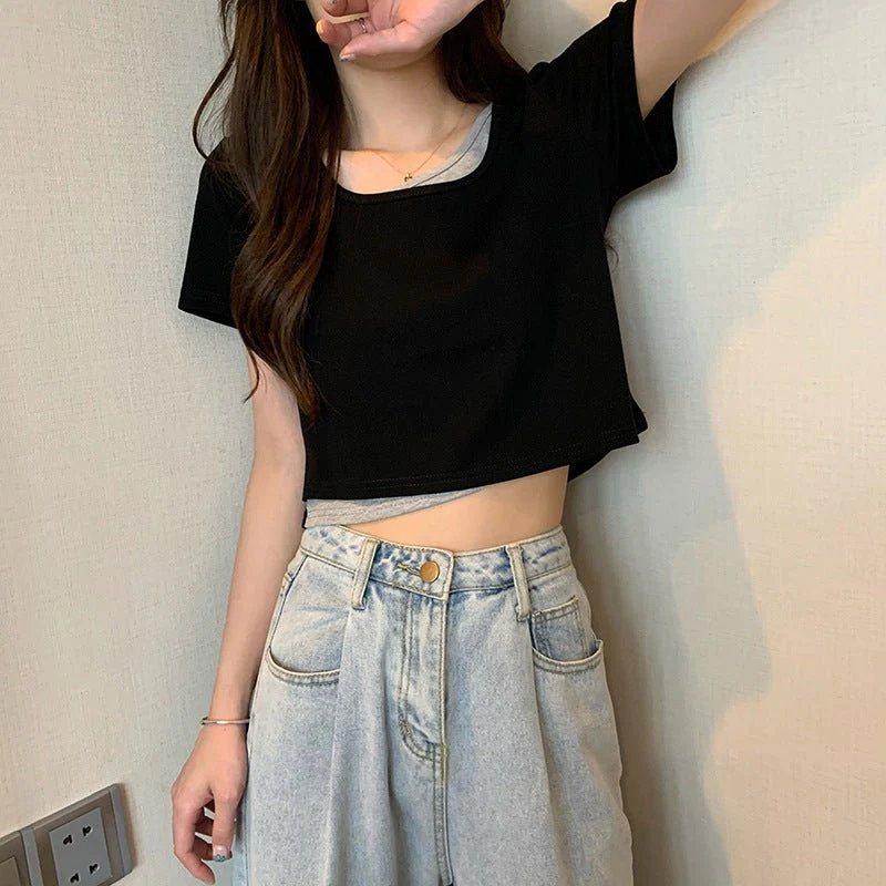 Summer 2025 new thin short fake two-piece design slim-fitting sexy short-sleeved top women's inst-shirt bottoming shirt - Image 8