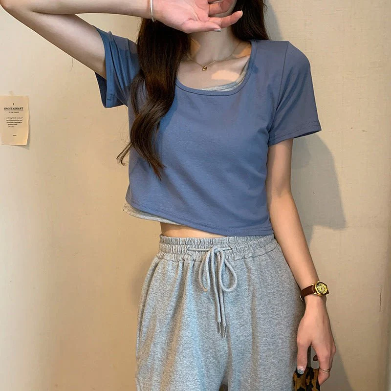 Summer 2025 new thin short fake two-piece design slim-fitting sexy short-sleeved top women's inst-shirt bottoming shirt - Image 9