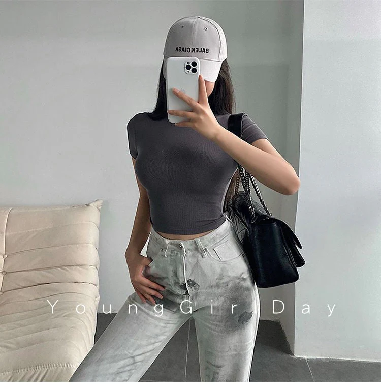 Summer new basic style small round neck short style cami top FD - Image 38